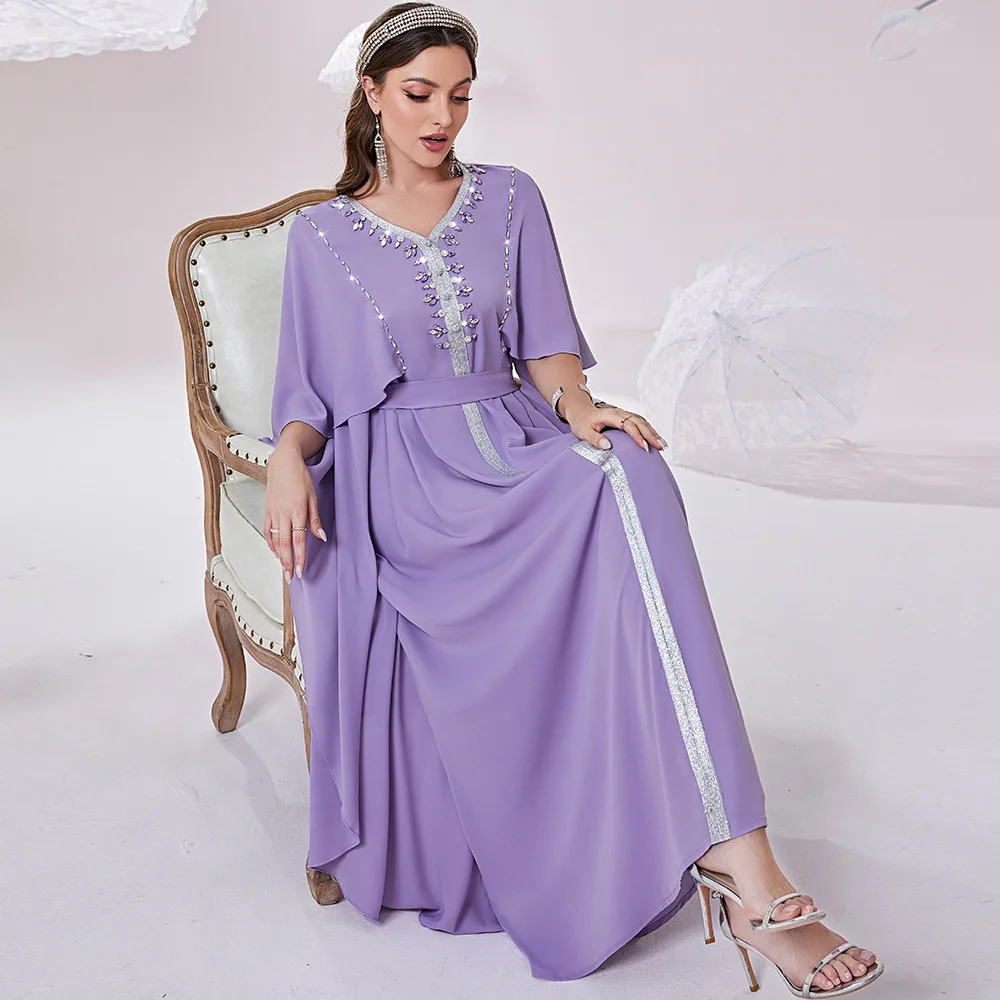Hijab Diamond Muslim With Belt Middle Eastern Dresses For Woman 2022 V Neck Luxury Moroccan Caftan Dubai Oriental Islamic Dress