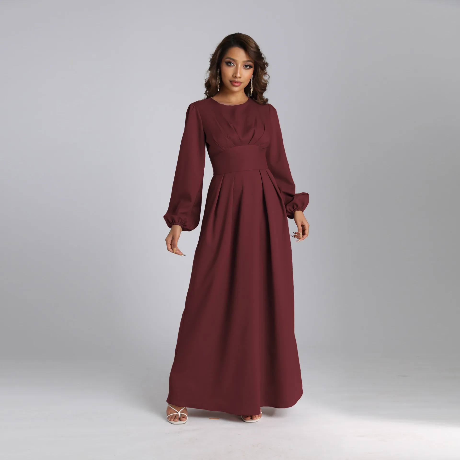 Muslim Dress Women Middle East Robe Femme Musulmane New Arab Slim Waist Solid Color Elegant Dresses Dubai Abayas For Women