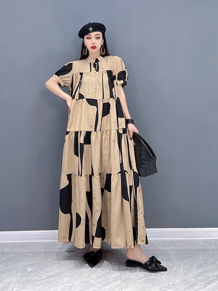

SuperAen Spring 2022 New Fashion Casual Puff Sleeve Cotton-linen Printing Shirt A-LINE Dresses for Women