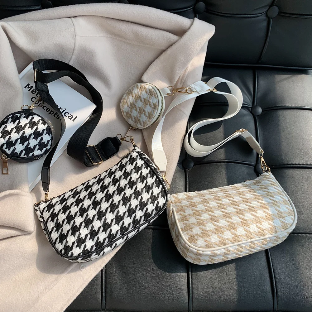 

Women Vintage Shoulder Bag Creative Houndstooth Print Design Composite Handbags Girl Vintage Crossbody Bag With Mini Round Purse