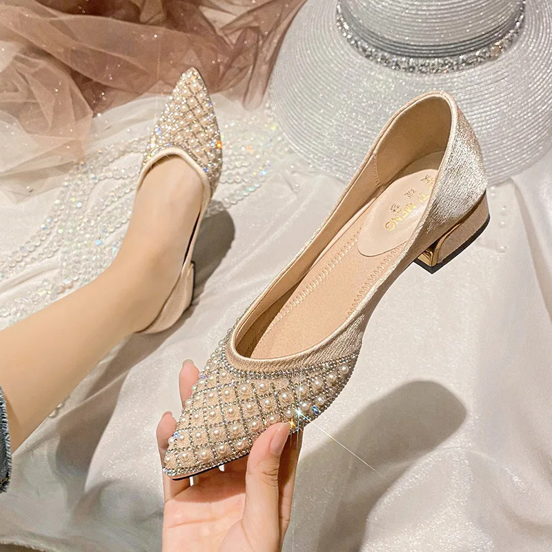 

Plus Size 41 Square Heels Pointed-toe Pumps Women Summer Pumps Womans Solid 3CM Low Heels Pearls Rhinestone Party Dress Shoes