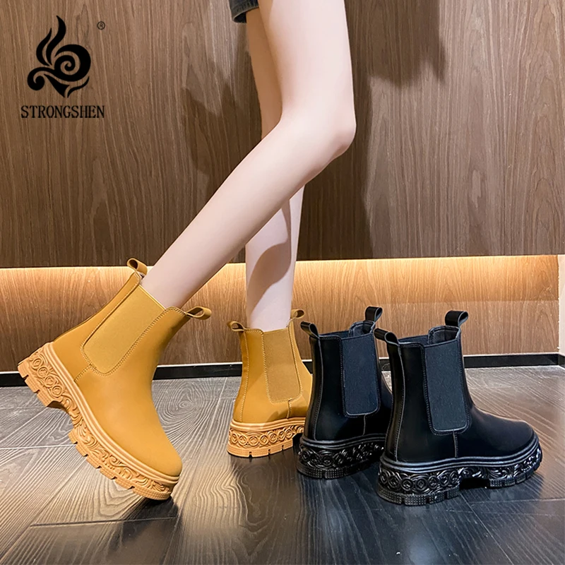 

STRONGSHEN Women Chelsea Boots Mid Calf Chunky Boots Carving Leather Ankle Boots Female Autumn Fashion Platform Motorcycle Boot
