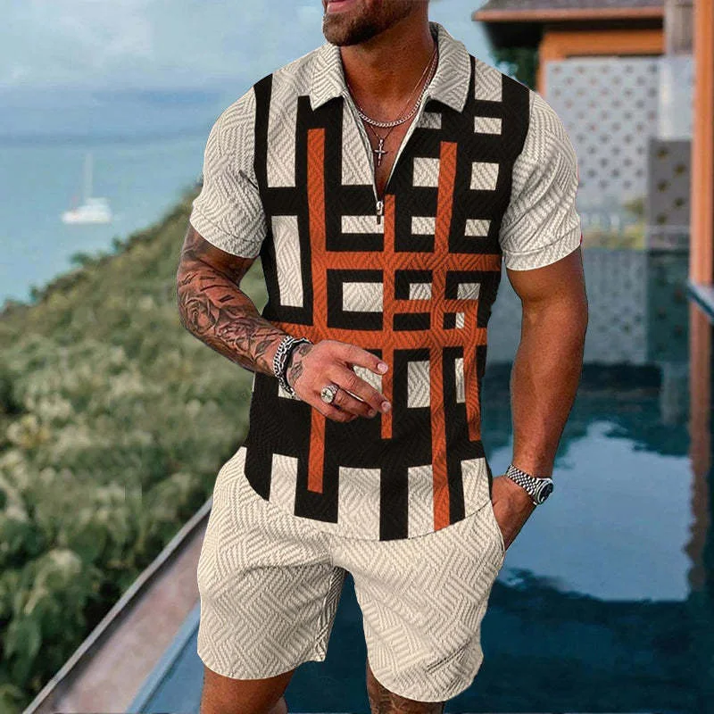 New Men's Casual Summer Short-sleeved Polo Shirt And Shorts Suit Two-piece Men's Clothing 3D Geometric Print Men's Clothing