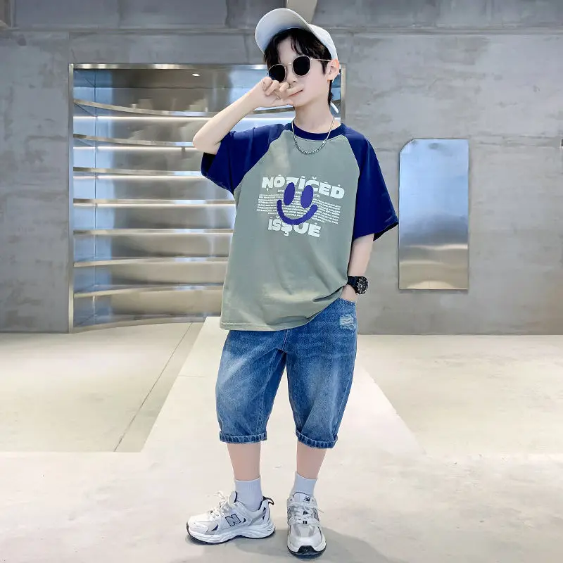 

Футболка и шорты для мальчиков и девочек, хлопковая футболка с коротким рукавом и принтом улыбки и штаны, комплект из 2 предметов, лето 2023