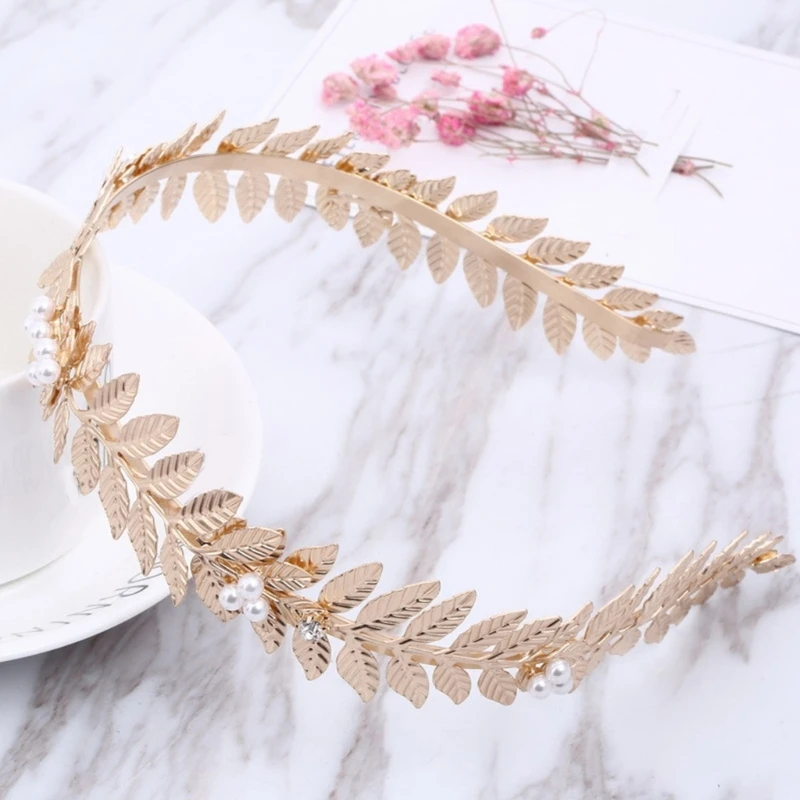 

Shinning Metal Hair Hoop Wide Side Leaves Shape White Pearl Baroque Headband