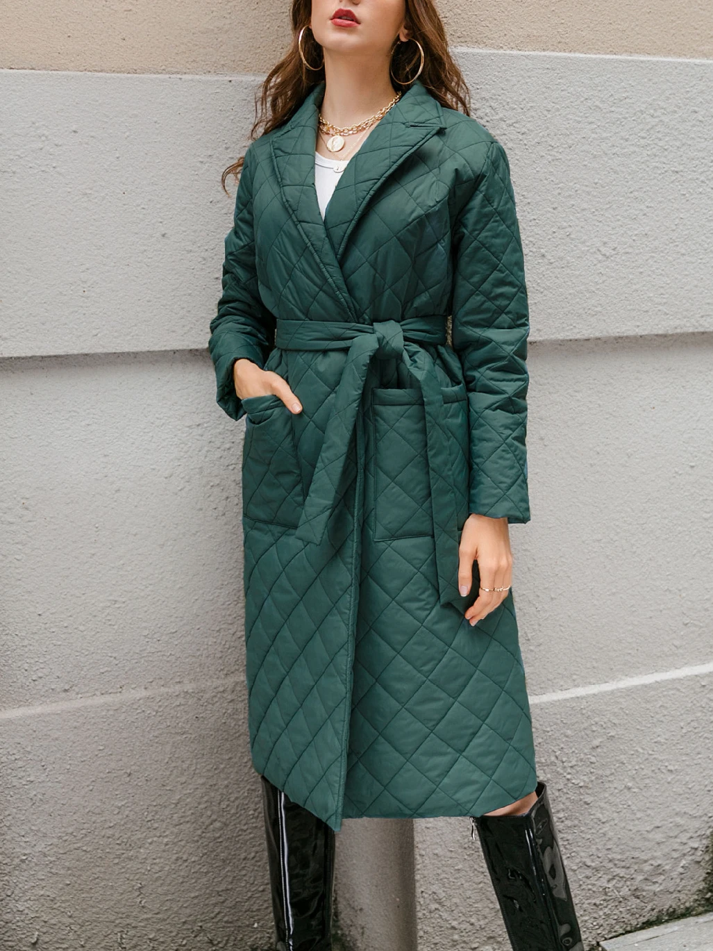 

Women Elegant Long Parkas with Belt 2022 Winter Fashion Ladies Argyle Coats Warm Jacket Ladies Tunic Cotton Padded Clothes Green