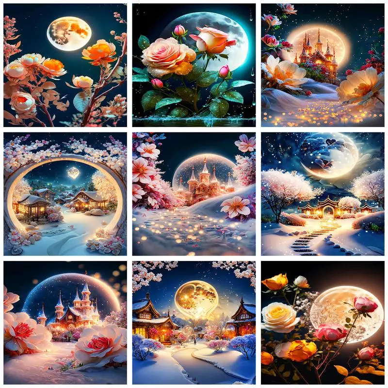 

CHENISTORY Modern Painting By Numbers Handmade Acrylic Moon Scenery Flowers Home Decors For Adults Kids DIY Gift Piant Kit