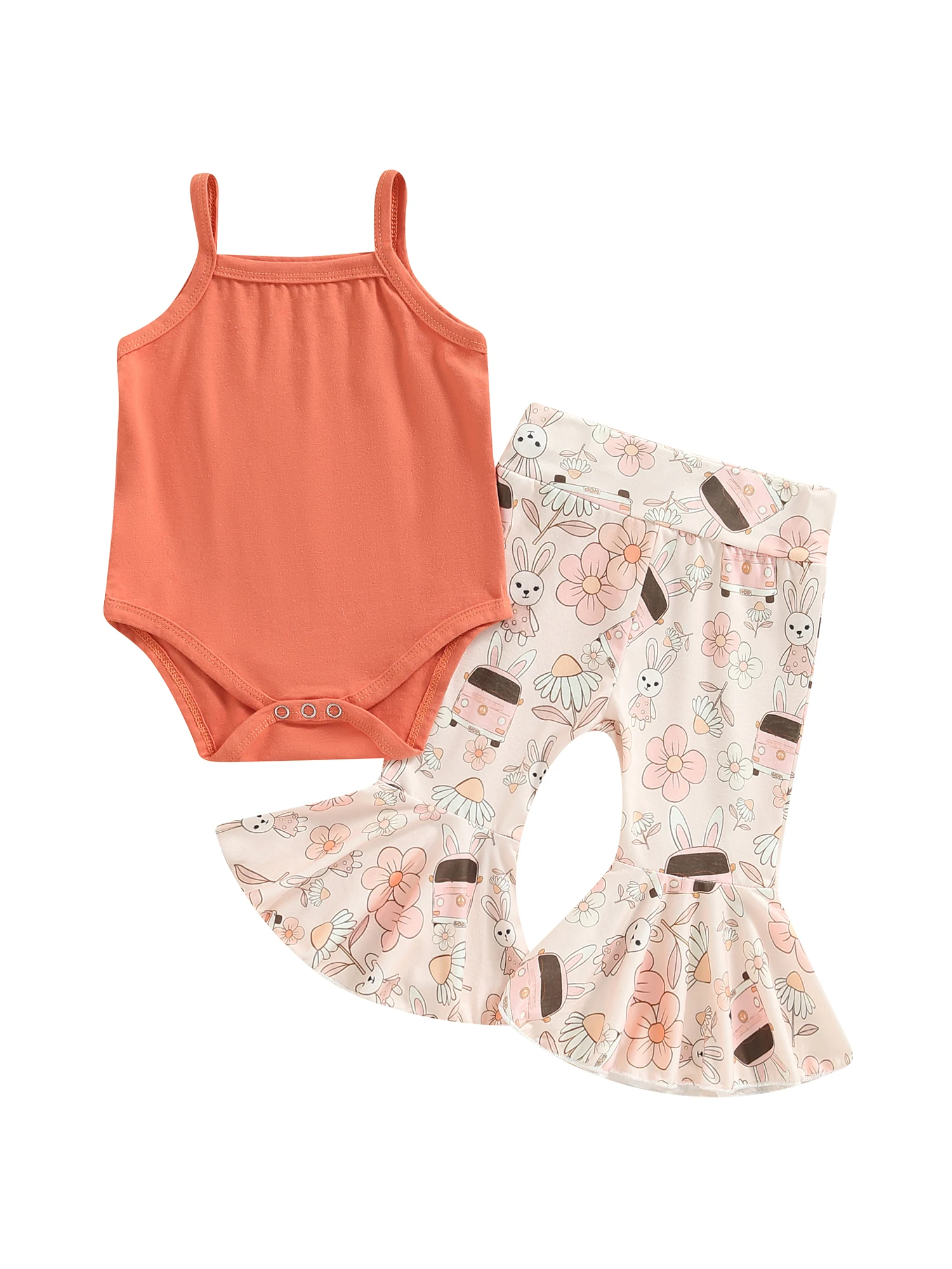 

Комплект летней одежды для новорожденных девочек, однотонный комбинезон без рукавов, с цветочным принтом кролика, расклешенные брюки, праздничная одежда