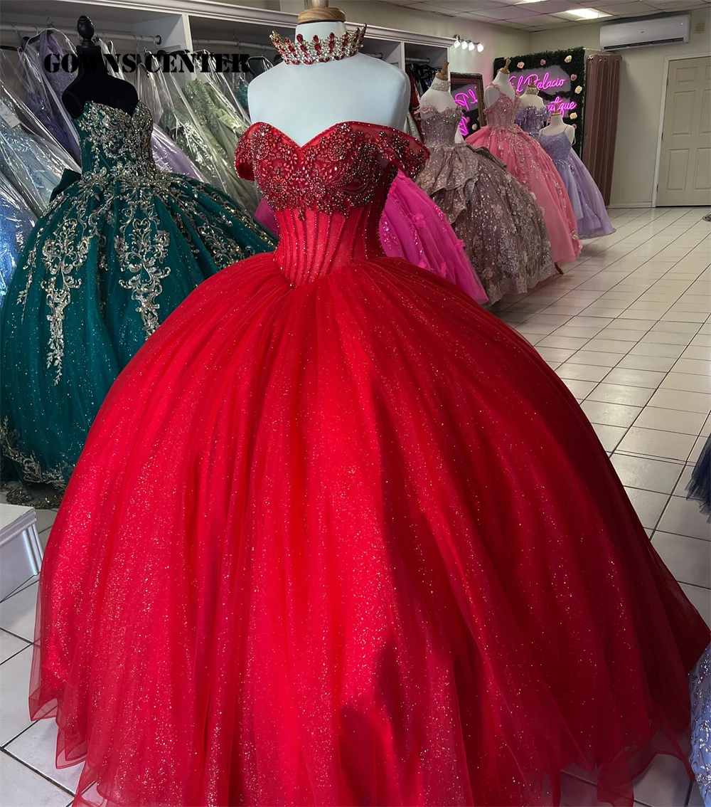 Мексиканское платье Quinceanera с красными бусинами и кристаллами бальное открытыми