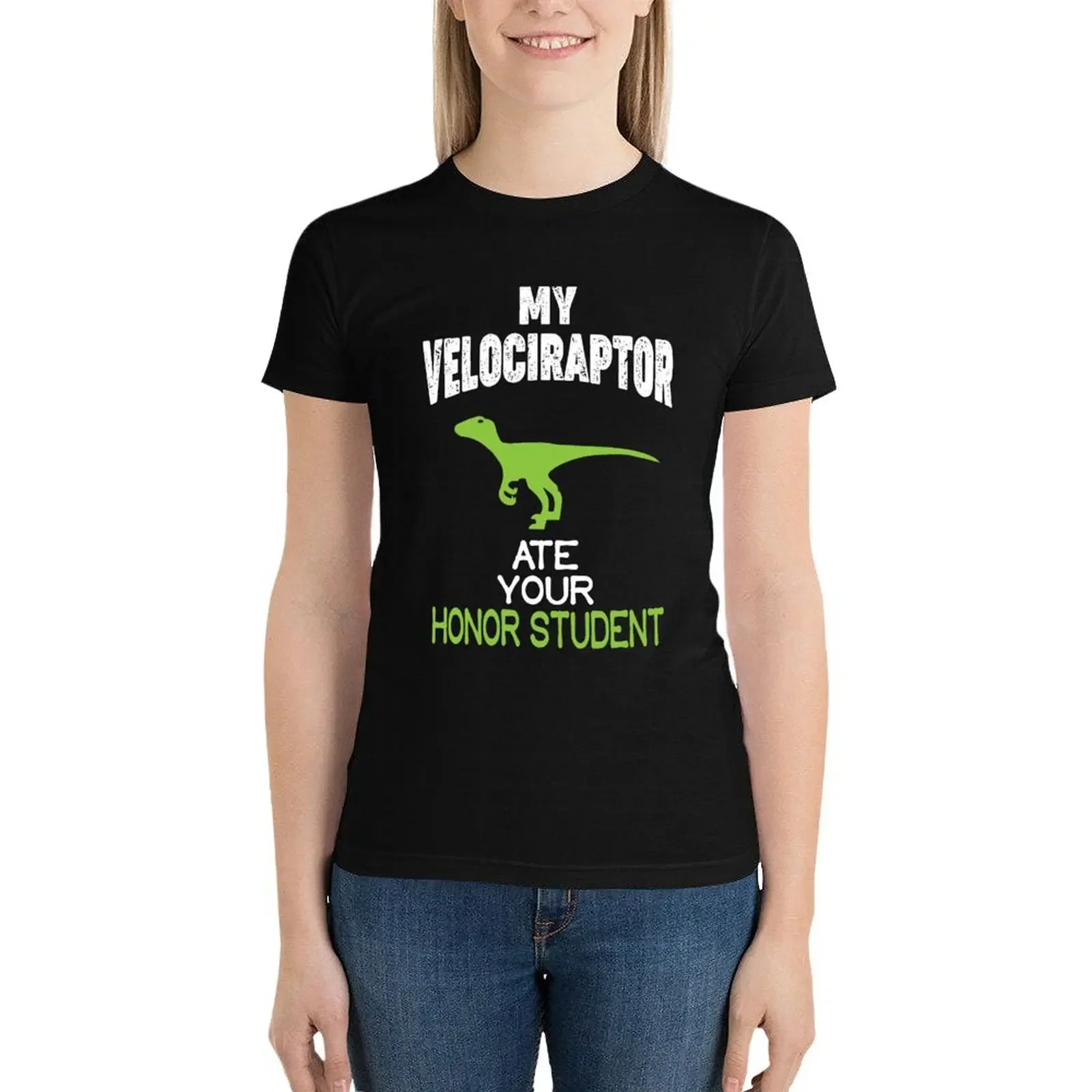 Футболка женская с принтом Мой Велоцираптор Ate Your Honor