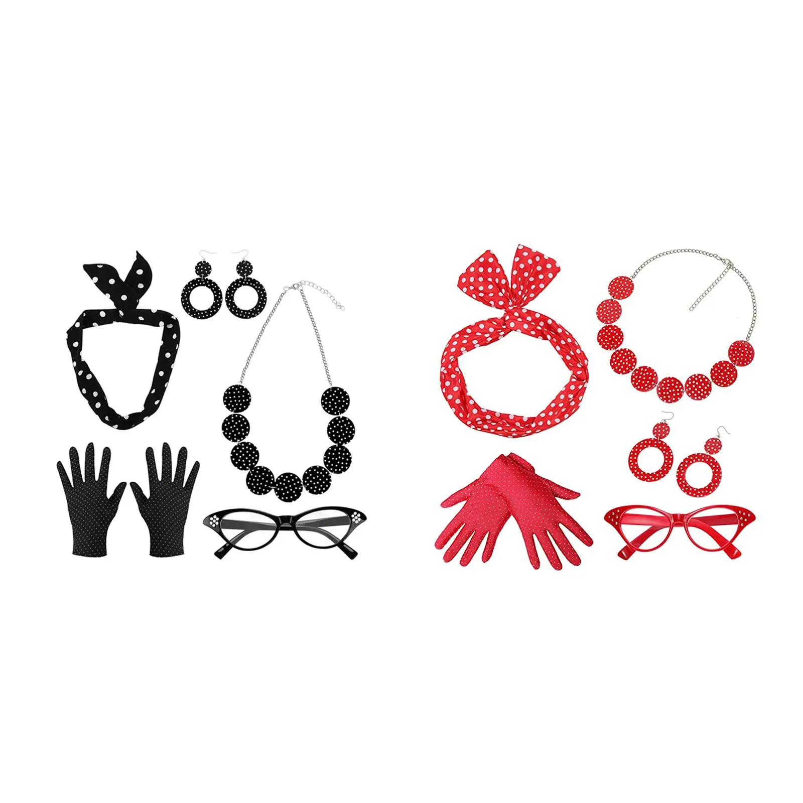 

5 Pack 1950S Womens Costume Set Glasses Earring Hair Band 50S Necklace Gloves Polka Dot for Women Cosplay Girl Fancy Dress Adult