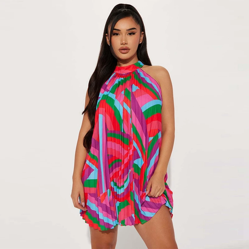 

Summer Printed Mini Beach Dress Halter Neck Sleeveless Pleated Big Swing Casual Loose Holiday Vestidos 2023 Chic Women Skirts