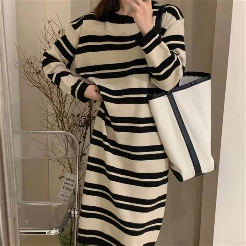 

Striped Sweater Fashion Loose Women's Knitwear Winter Bottoming Straight O Neck Drop Shoulder Long Sleeve All Match Pullovers