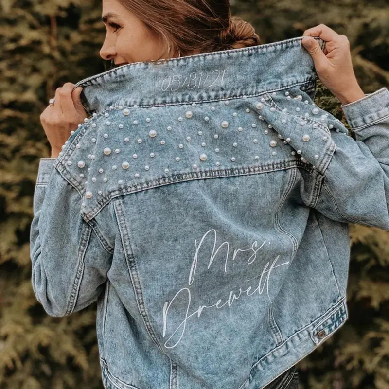 

Statement Denim Bridal Jacket Custom Name Pearl Detailing MRS Jacket Custom Date Placement On Collar Bride Gift New