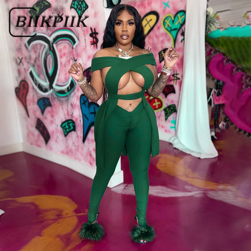

BIIKPIIK Fashion Two Piece Matching Outfit Women Party Solid Pant Sets Hollow Cross Off-shouder Bandage Sexy Top Skinny Leggings