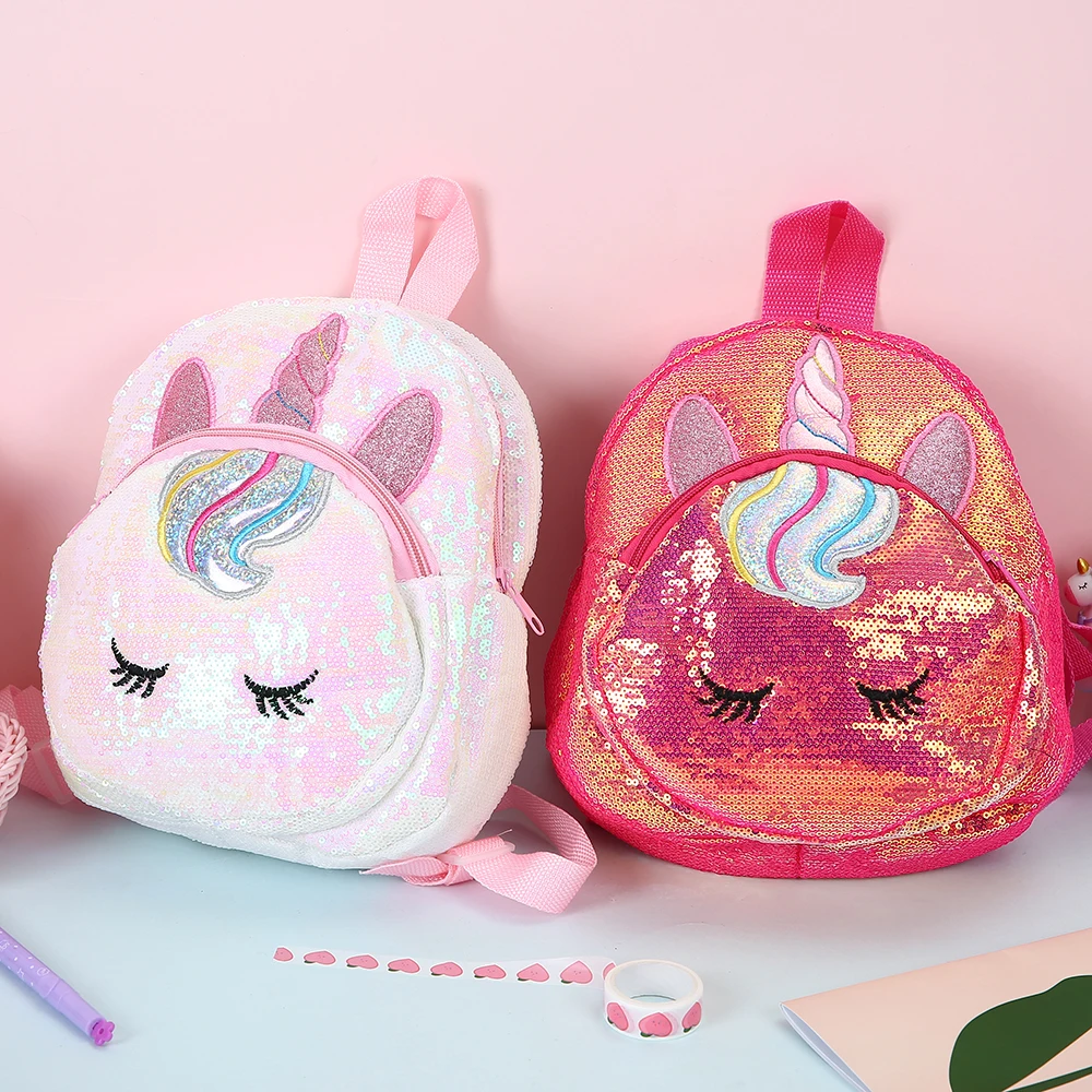 Sequined Unicorn Backpack Cute Cartoon Small Bag For Girls Women Casual Bags Unicorns Kids Kindergarten Bag Polyester Pink
