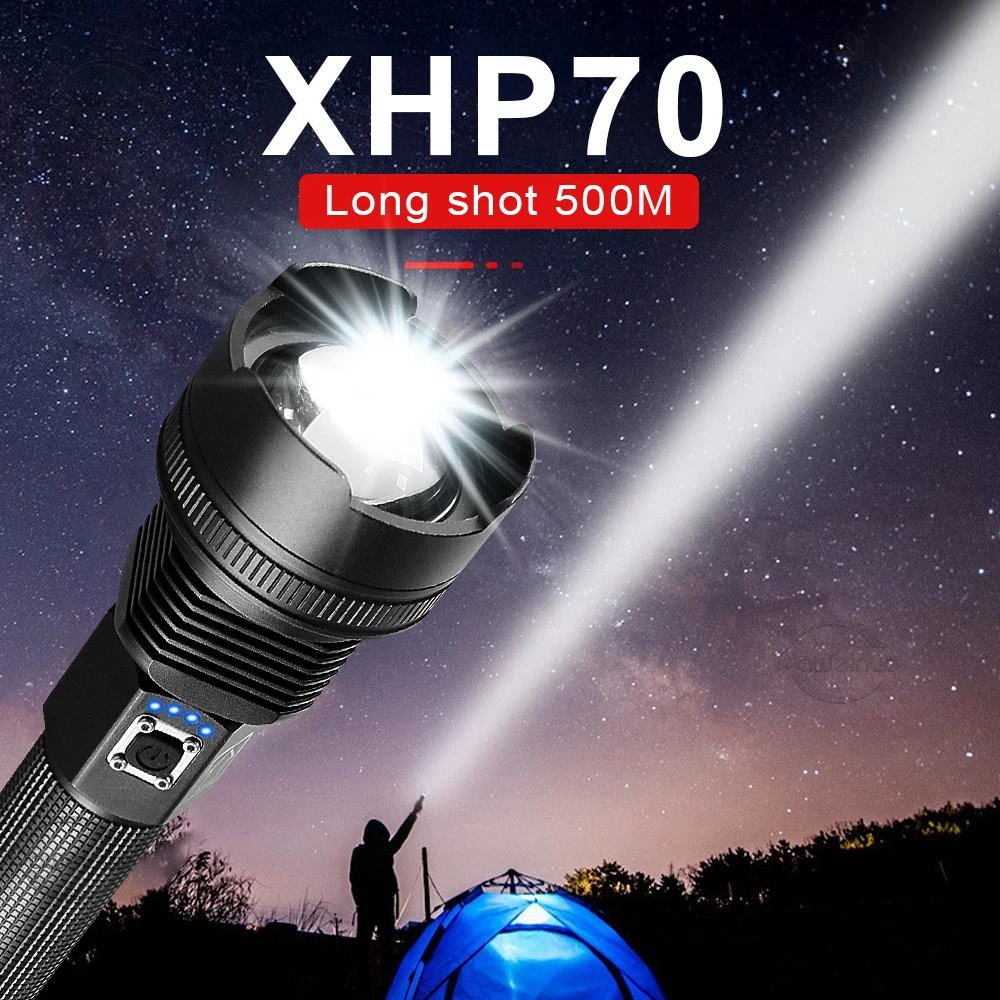 

500 м высокомощный светодиодный фонарик XHP70 4500 мАч USB аккумуляторная лампа вспышка водонепроницаемый тактический фонарик ручной свет фонарь