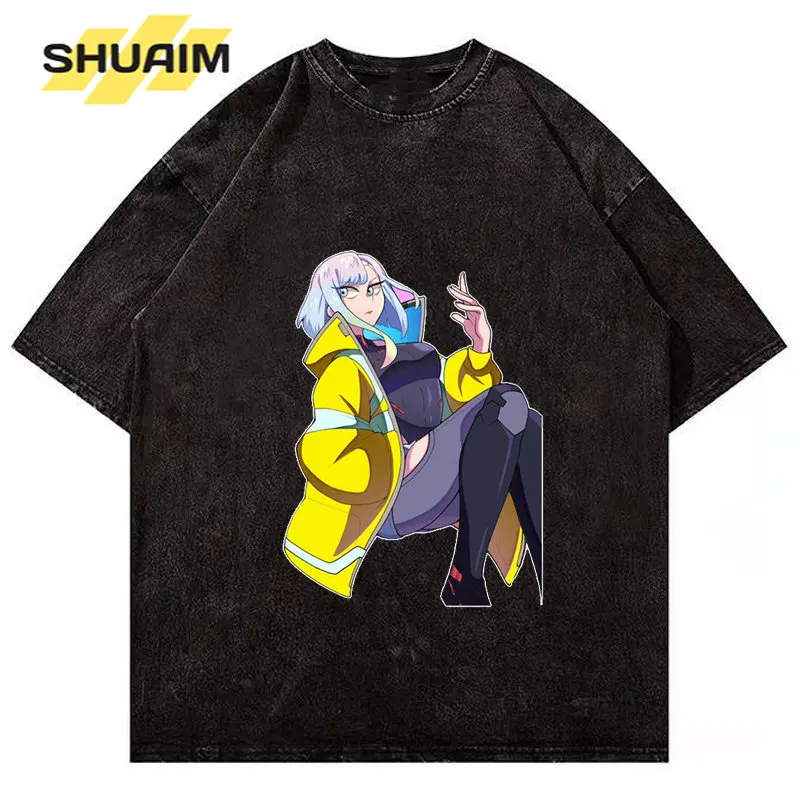 

SHUAIM Hip Hop Washed Streetwear Anime Men T-Shirt Cyberpunk Edgerunners Print Summer Short Sleeve Tops Harajuku Cotton Tshirt