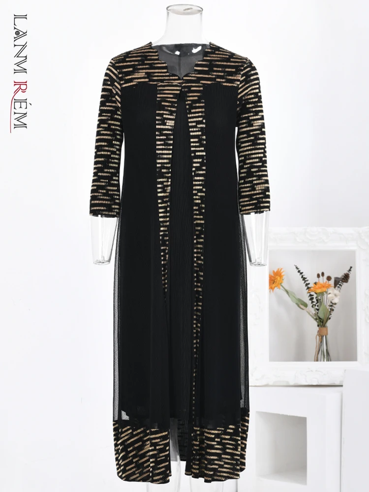 

Винтажное Плиссированное женское платье LANMREM, контрастные цвета, лоскутные платья с длинным рукавом, мода 2023, осенняя новая одежда 32C126