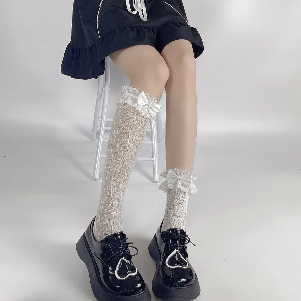 

Lolita Lace Frilly Socks Women JK Bowknot High Knee Socks Female Transparent Thin Long Stockings Woman Elastic Calcetine Medias