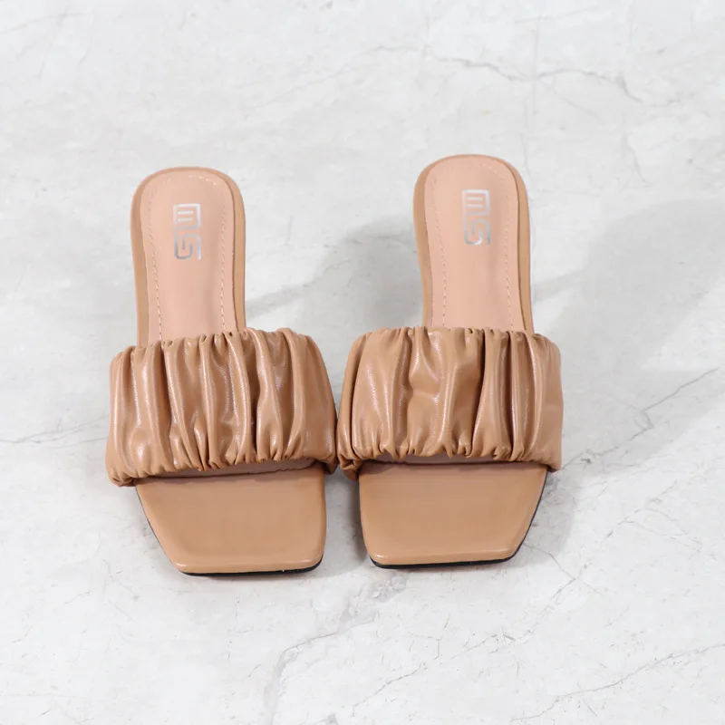 2023 Summer Sexy Women Pumps Outside Solid Pleated Ladies Slides 6cm High Heels for Female Sandals Casual Womans Modern Slippers