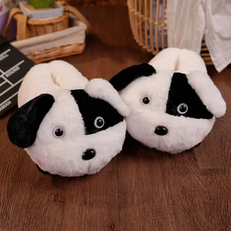 

Funny Black White Dog Fur Cotton Shoes Ladies Girls Slip-on Plush Clogs Women's Winter Cartoon Animal Slippers Home Furry Mules