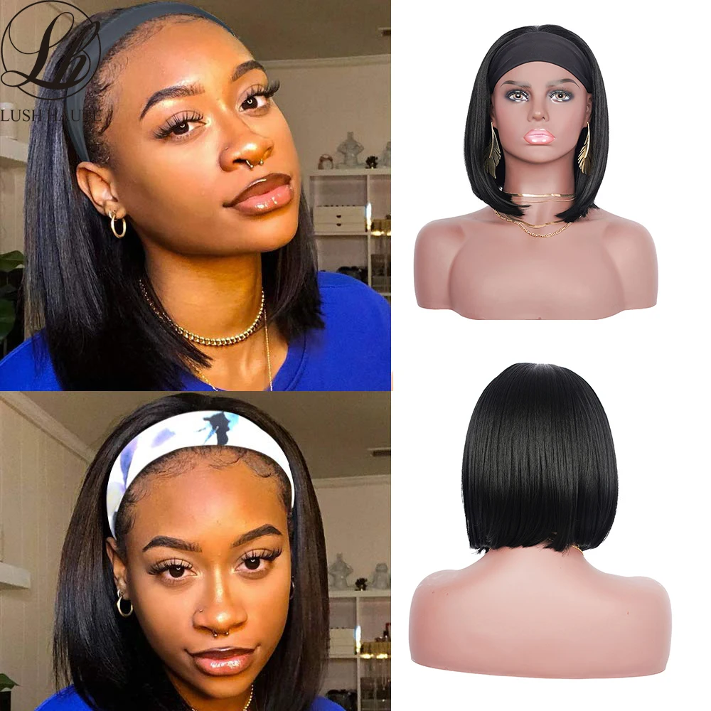 

Парик с повязкой на голову для чернокожих женщин, прямые синтетические короткие парики, шелковистые, без кружевных передних париков, бескле...