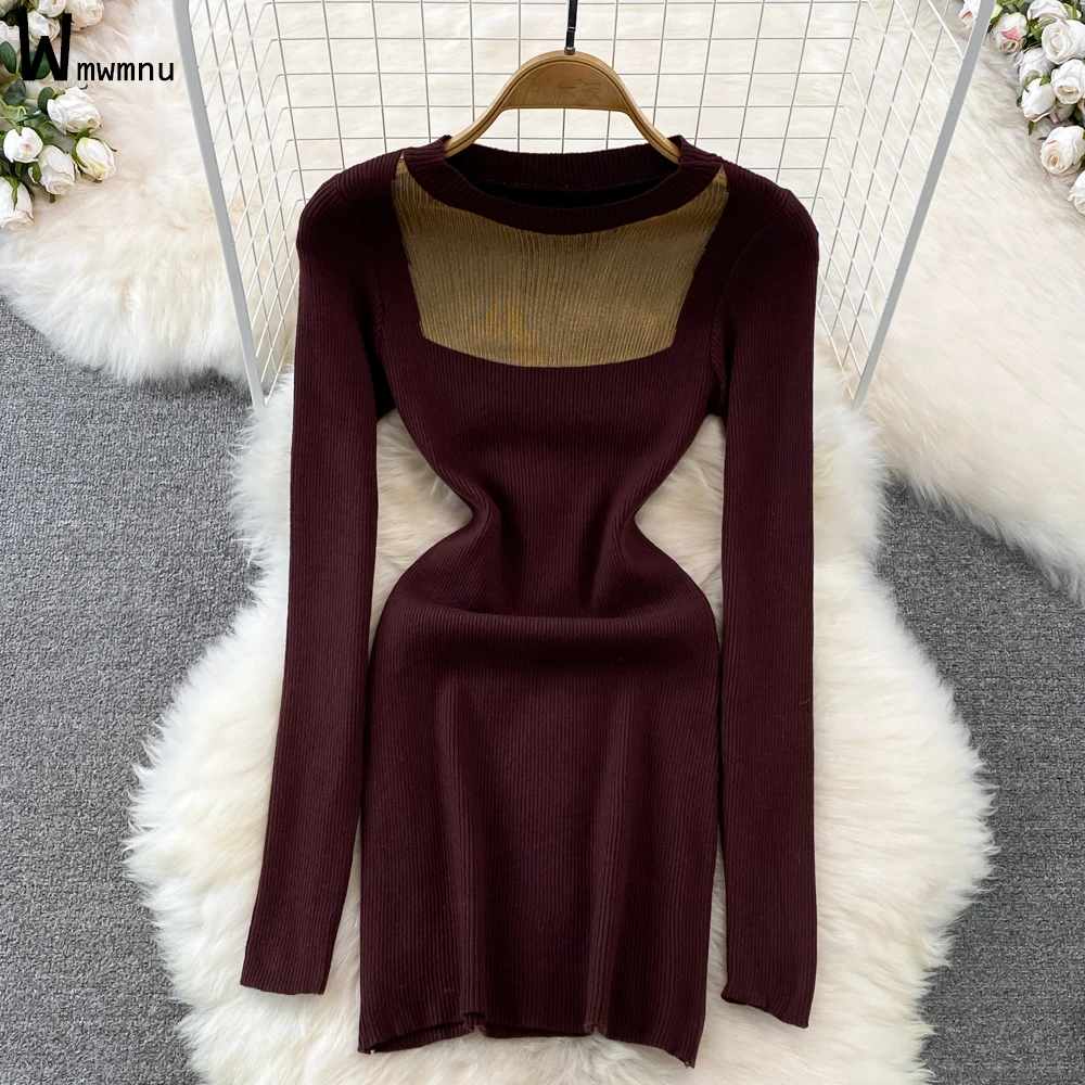 

Lace Hollow Out Sexy Mini Dress Autumn Women O Neck Long Sleeve Slim Chic Vestido Elegant Vintage Solid Leggings Robes 2022 New