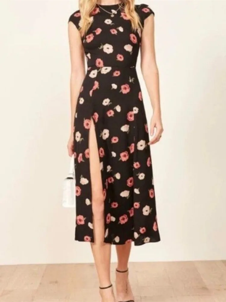 

Retro Black Flower Print Backless Short Sleeve Dress Woman Hollow Out Back Hem Slit Midi Dresses Holiday Robe Summer Vestidos