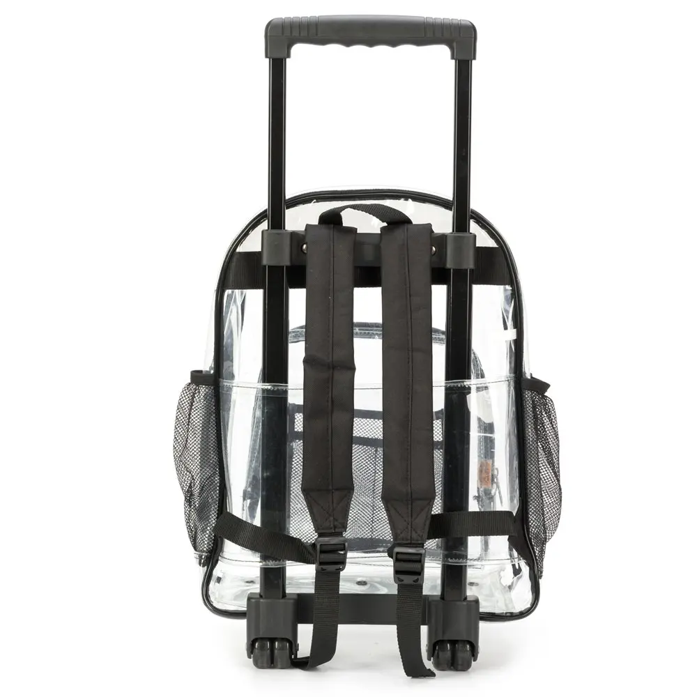 Unisex Rolling Clear Backpack Heavy Duty Bookbag See-thru Daypack School Luggage with Wheels, Black