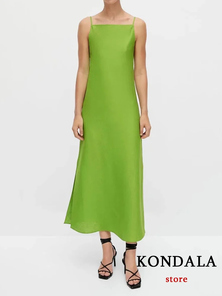 

KONDALA винтажное однотонное зеленое хлопковое льняное длинное платье на бретельках женское прямое модное 2022 летнее базовое Повседневное пла...