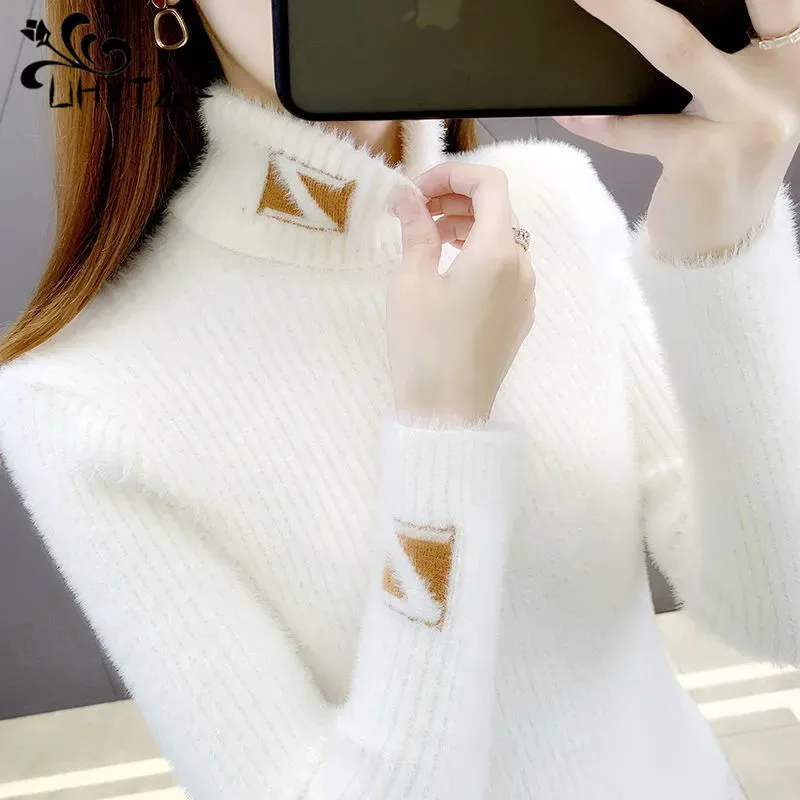 

UHYTGF Turtleneck Pullover Sweater Women Mink Letter Jacquard Underlay Solid Western Knit Undercoat Autumn Winter Knit Sweater