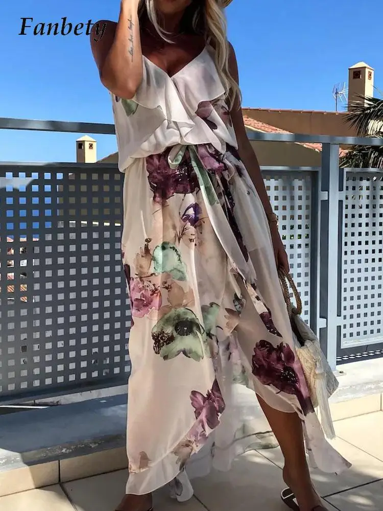 

Женское шифоновое платье на бретельках, модное элегантное асимметричное платье с высоким разрезом, V-образным вырезом и оборками, свободное...