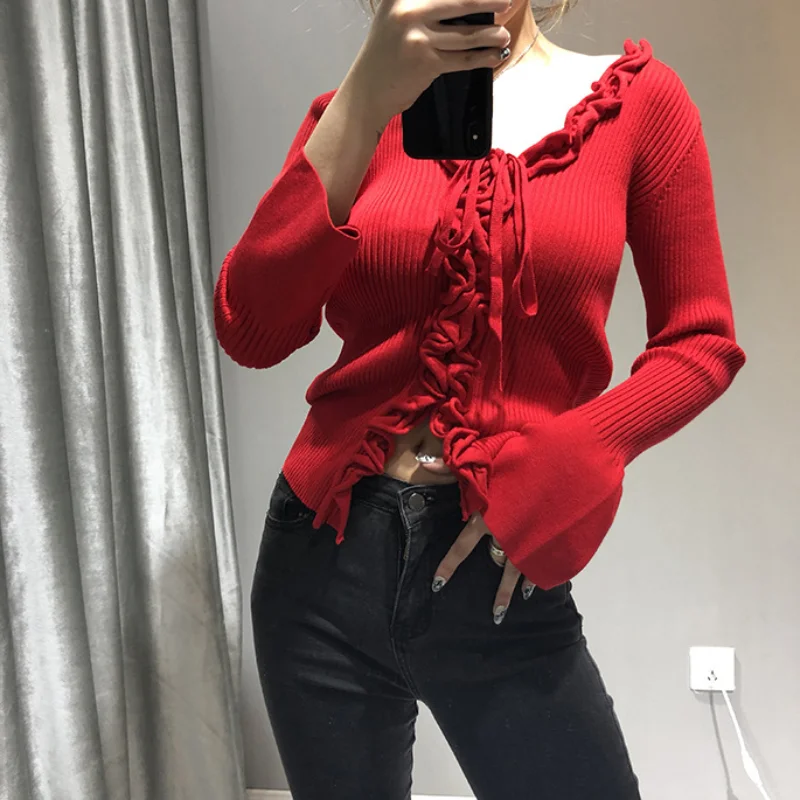 

Spring Autumn Long-sleeved Knitted Cardigan Fashion V-neck Wrap Top Temperament Lace-up Sweater Women Elegant Bottoming Shirt