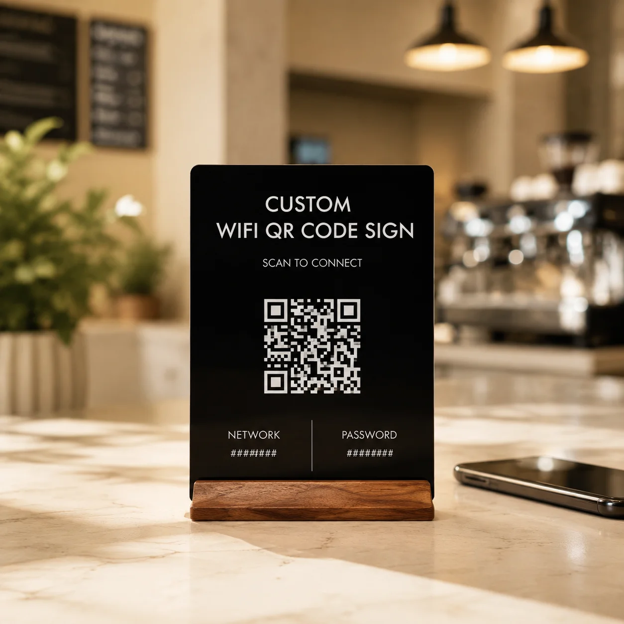 Фото Индивидуальная табличка с QR-кодом для Wi-Fi пароля, современная акриловая настольная табличка с деревянной подставкой для декора Airbnb, салона, спа, отеля, офиса, дома. №2