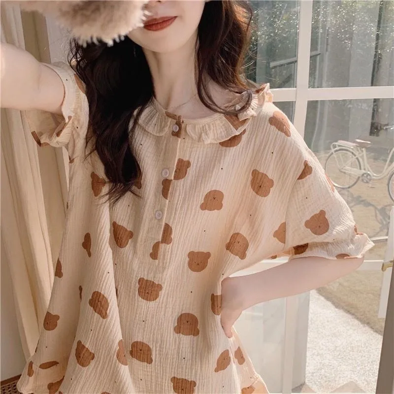 CAIYIER Sweet Cherry Bear Women Pajamas Set Summer Korean Female Sleepwear Short Sleeve Shorts Sleepwear Kawaii Nightwear 2pcs