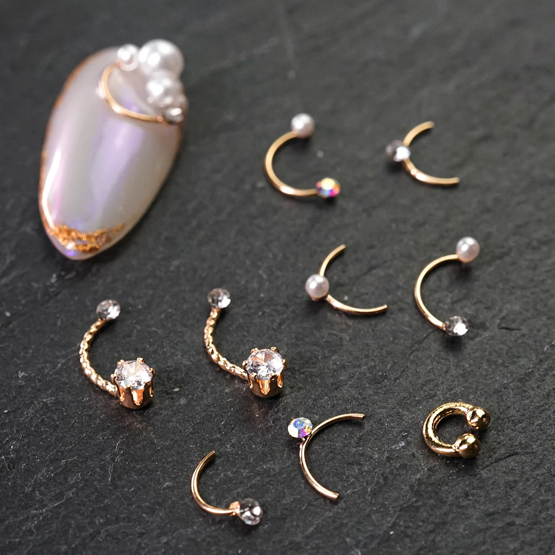 

10 PCS Nail Piercing Charms Smiles Metal Alloy Art 3D Radian Pearls Rhinestones Parts Press on Nail Decorations Korean Manicure