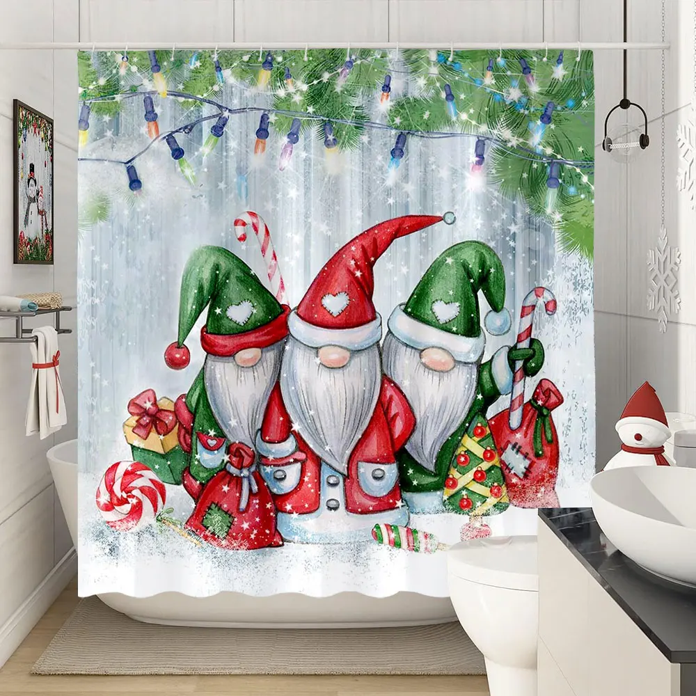 

Merry Christmas Shower Curtains Winter Snowflake Xmas Pine Leaves Lamp Holiday Farmhouse Home Fabric Bath Curtain Bathroom Decor