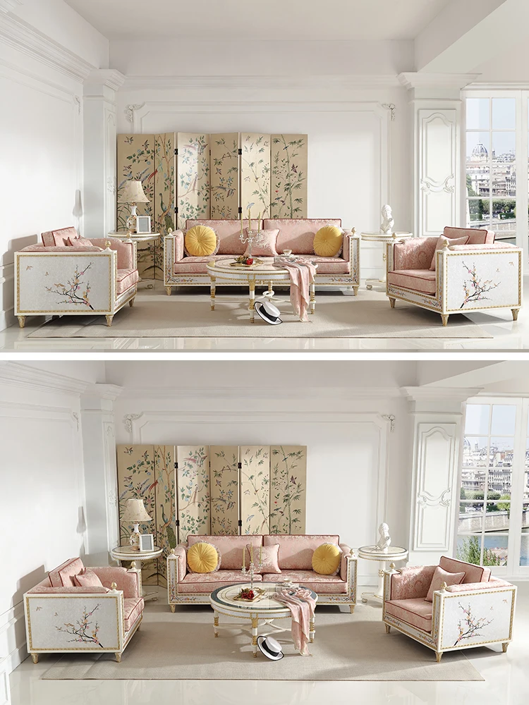 Диван из ткани во французском стиле рококо сочетание кремового цвета резьба по