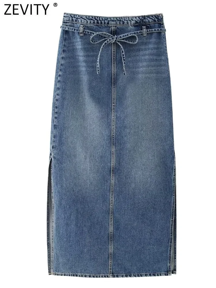 

Zevity Women Fashion Belt Design Side Split Slim Pencil Denim Skirt Faldas Mujer Female Chic Zipper Fly Midi Vestidos QUN3867