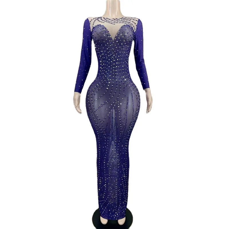 

Rhinestone Sexy Mesh Transparent Long Dress Evening Birthday Singer Show Costume