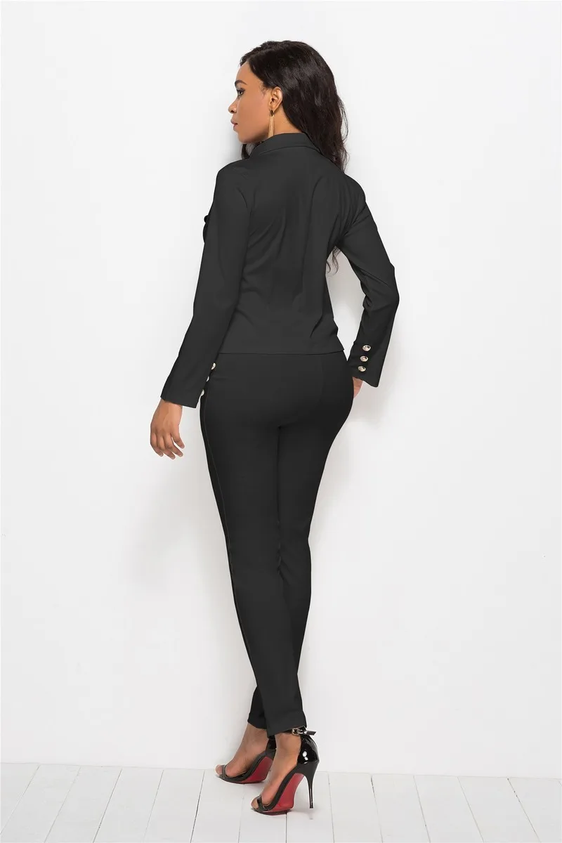 Office Lady Basic Blazer Suit 2 Piece Set Women Single Button Slim Blazer Elastic Waist Pencil Pants Set Hihg Waist Pants Suits