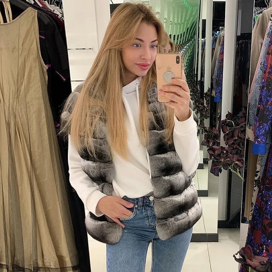 Женская шуба из меха кролика Шиншиллы Рекс с воротником-стойкой короткая меховая