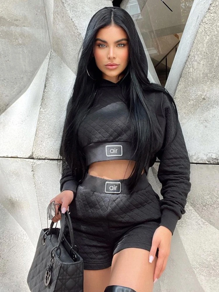 

Fashion Long Sleeve Black Cropped Hoodies + Shorts 2 Piece Sets Women 2022 Autumn Casual High Street White Tracksuit Outifits