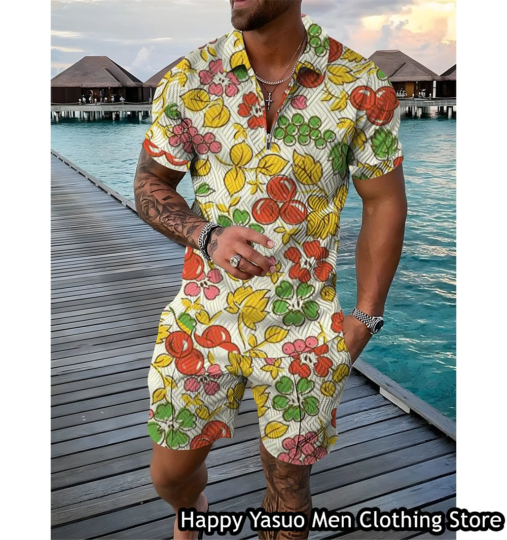 New Men Summer Vintage Polo Shirt Shorts Man Floral Printing Polo Set Hawaiian Vacation Style Outfit Male Casual Suit Clothing