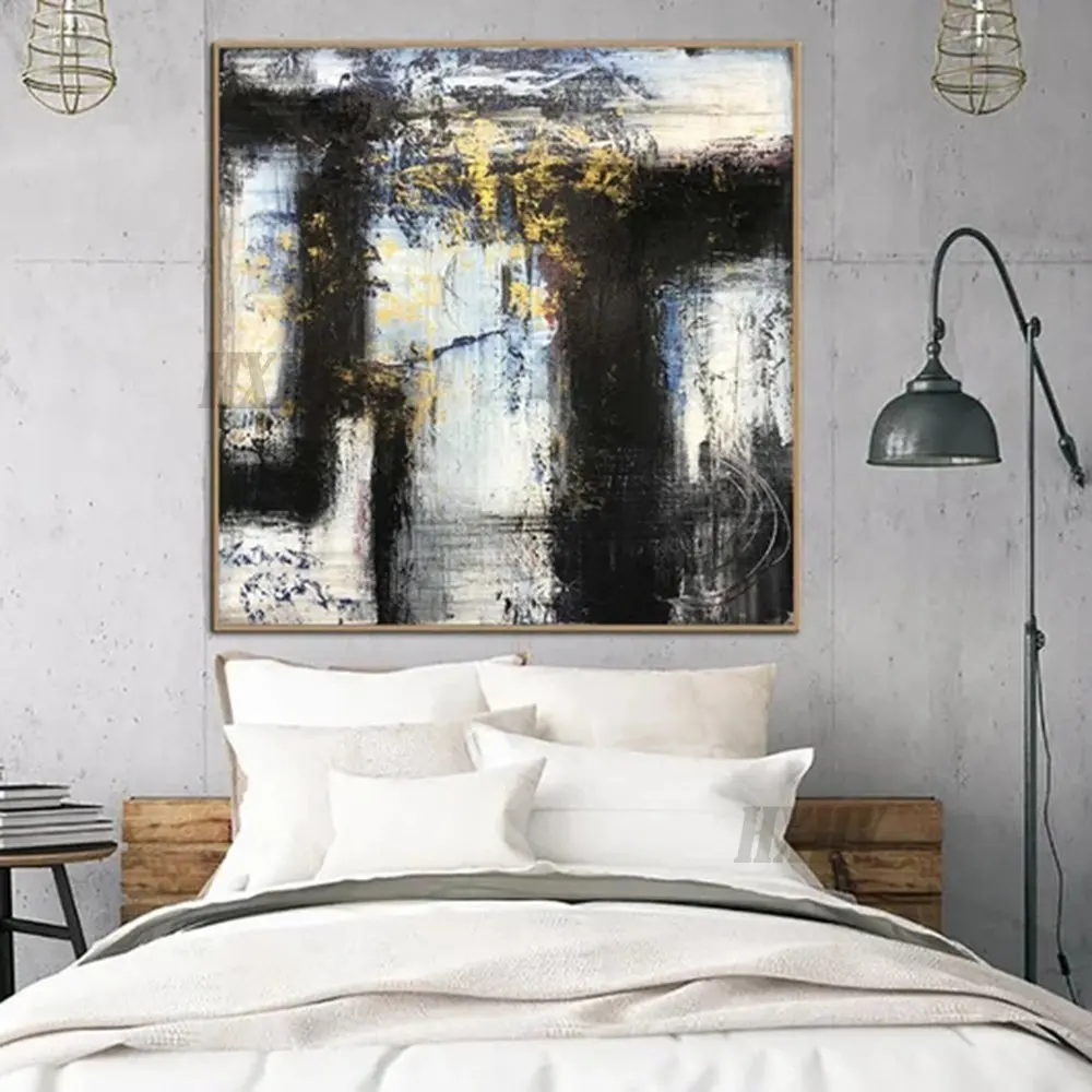 

Abstract Painting On Canvas Black And White Wall Art Gold Leaf Modern Artwork Original Oil Painting For Aesthetic Room Decor