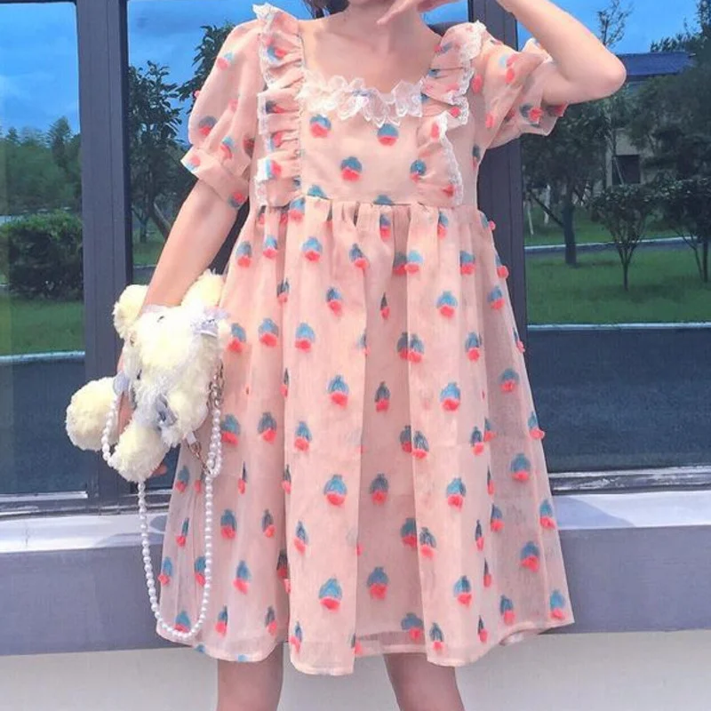 

Японские летние новые милые мягкие женские платья для девушек, женское платье с пышными рукавами, милая Клубничная Свободная Женская юбка