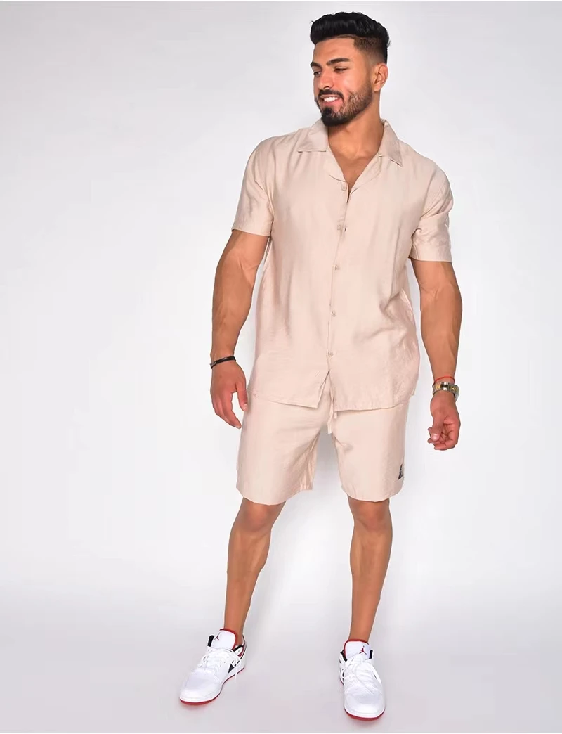 New Men's Hawaiian Set Summer Solid Color Turndown Short Sleeve Shirt&Beach Shorts Streetwear High Quality 2-Piece Set