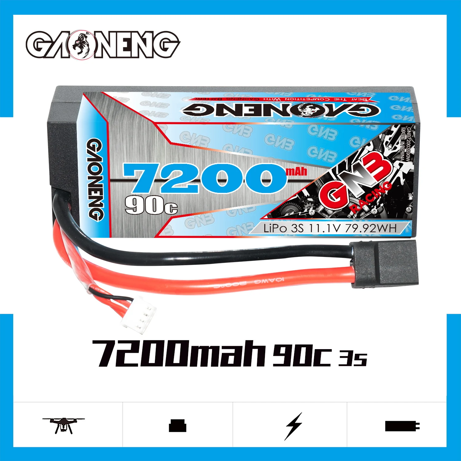 

Gaoneng GNB 7200mAh 3S1P 11.1V 90C/180C Hardcase LiPo Battery With XT90 Connector TRX Plug For 4WD Racing Climbing RC Car Boat