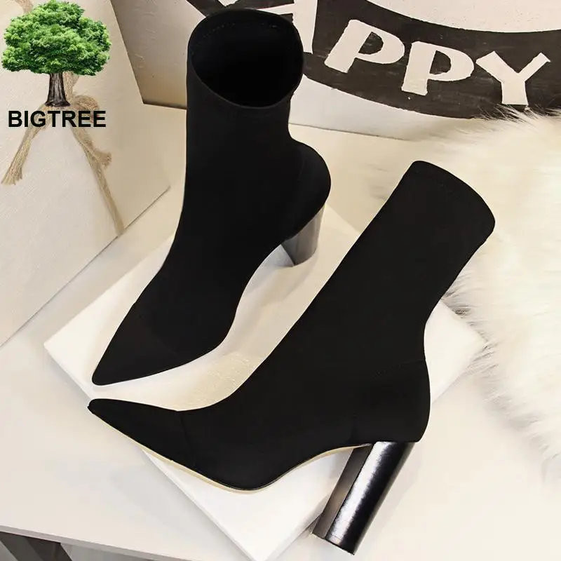 Модная обувь женские Стрейчевые ботинки осенние ботильоны для женщин на высоком